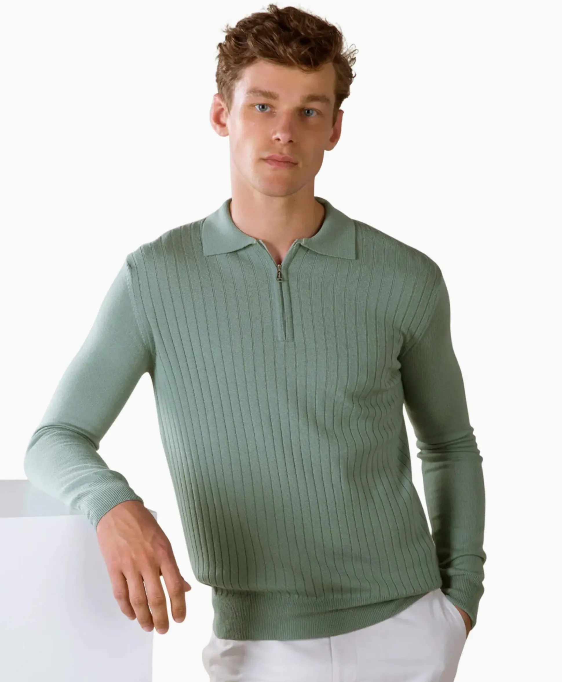 Aurelien Aurelien Pullover Rib Zip Polos Ls Licht Groen
