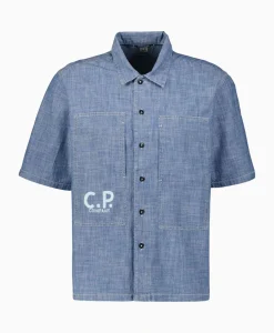 Cp Company T-Shirt Chambray Short Sleeved Logo Blauw