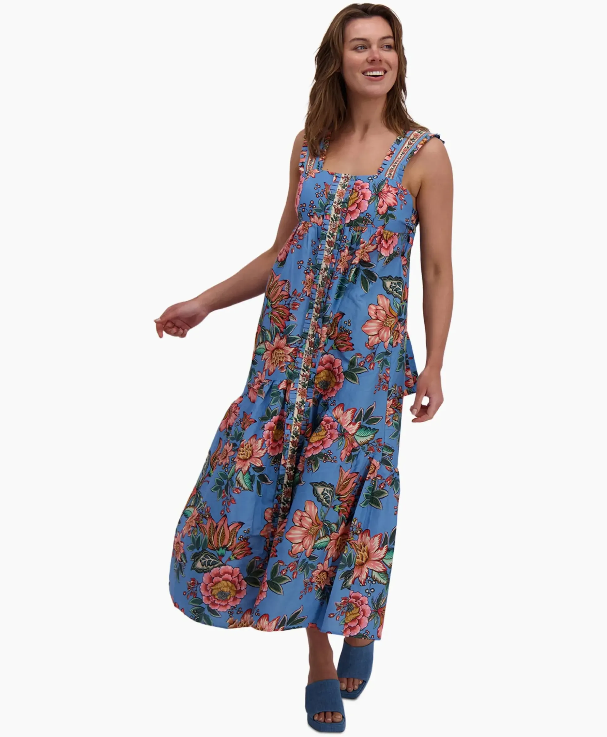 Farm Rio Maxi Jurk Wonderful Bouquet Blue Sleeveless Blauw