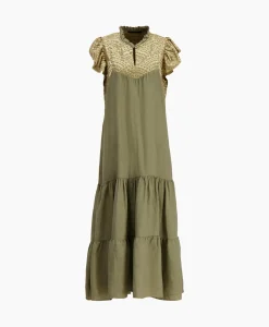 Greek Archaic Kori Maxi Jurk Long New All Over Sleeveless Ruffles Goud
