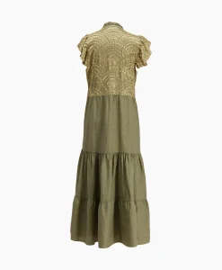 Greek Archaic Kori Maxi Jurk Long New All Over Sleeveless Ruffles Goud