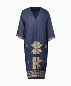 Greek Archaic Kori Midi Jurk Aeolis V-Neck Donker Blauw