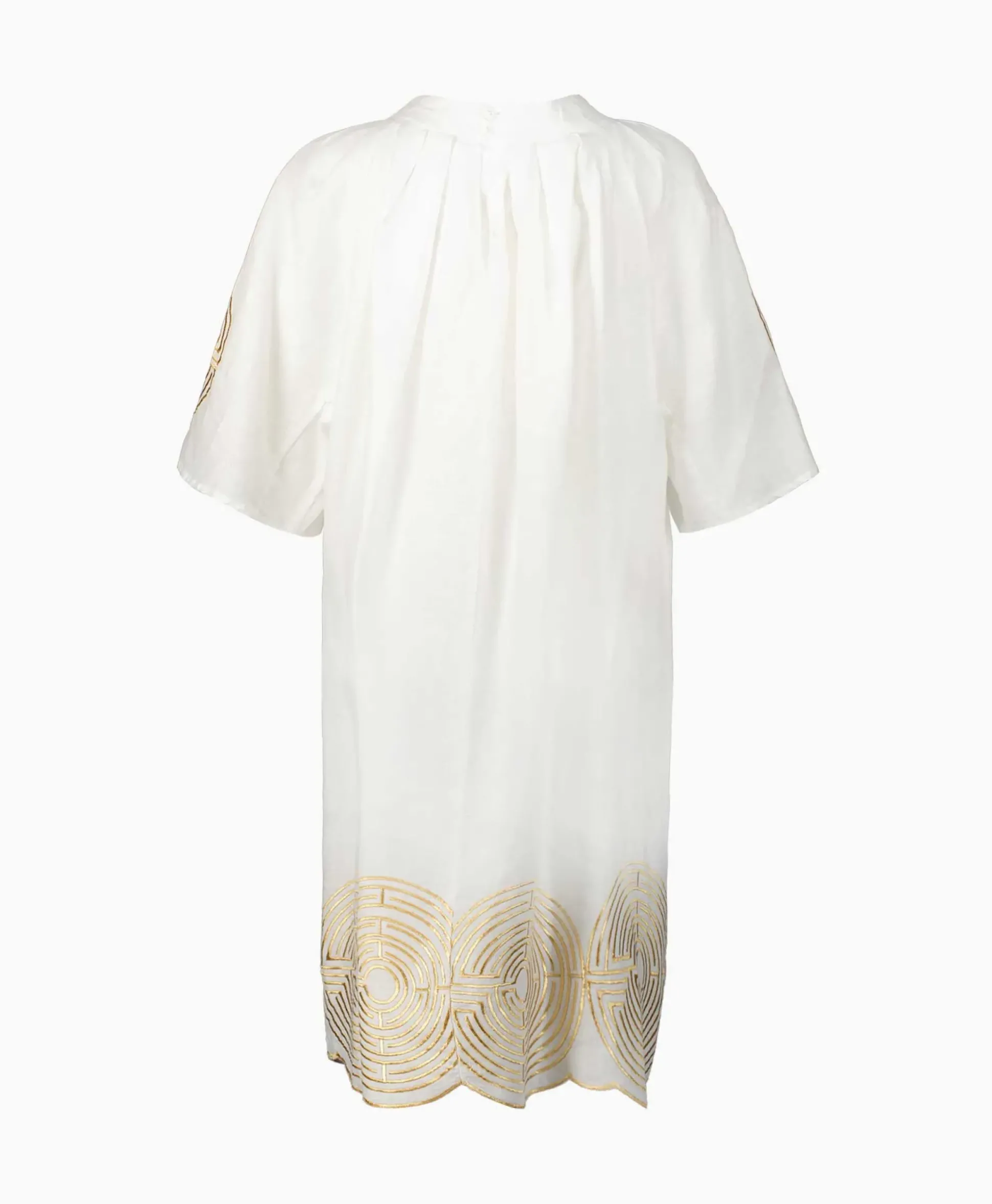 Greek Archaic Kori Mini Jurk Short Labyrinth Bell Sleeve Wit