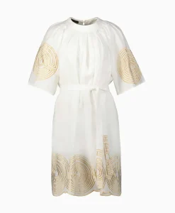 Greek Archaic Kori Mini Jurk Short Labyrinth Bell Sleeve Wit