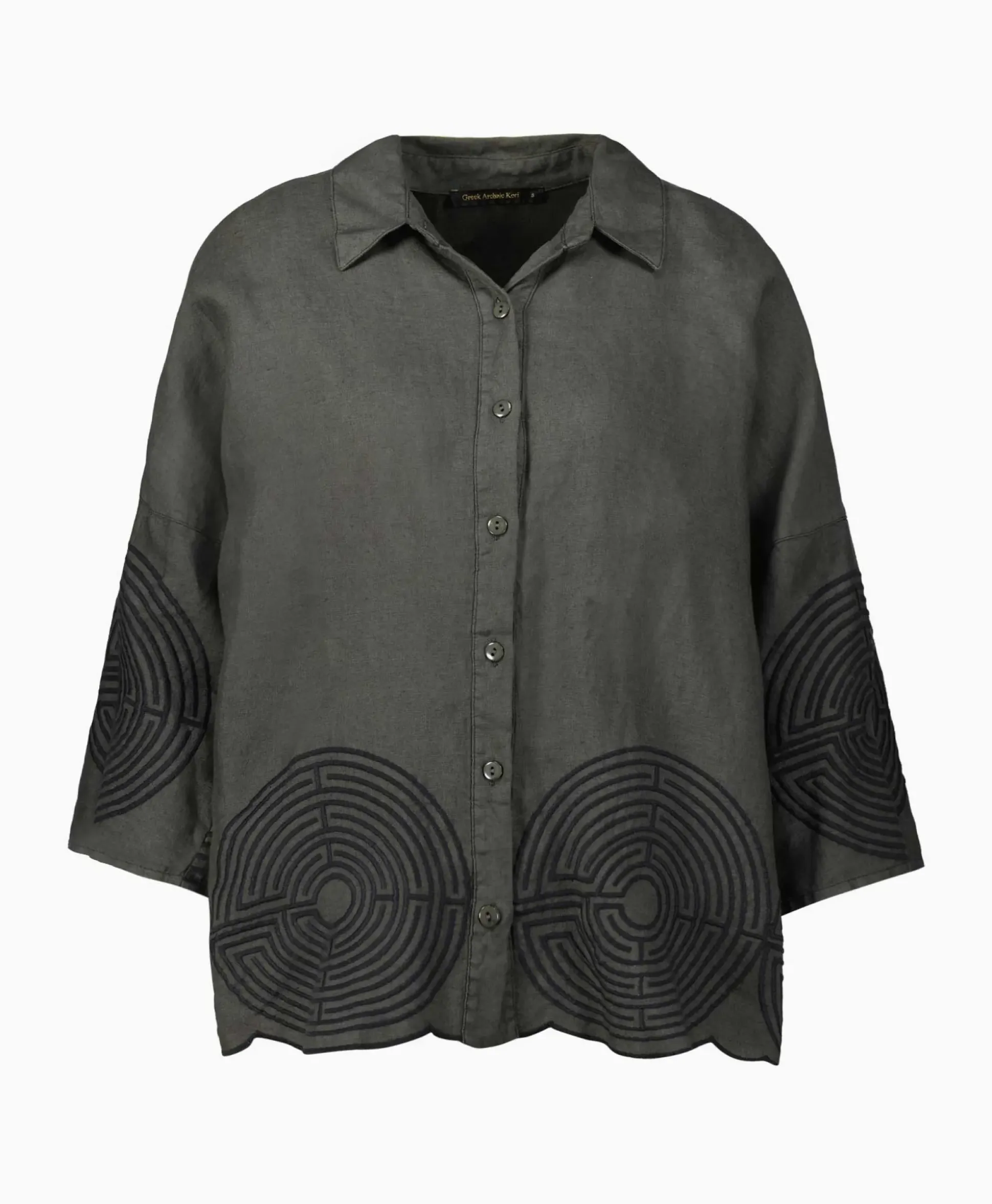 Greek Archaic Kori Top Labyrinth Pleates Buttons Khaki