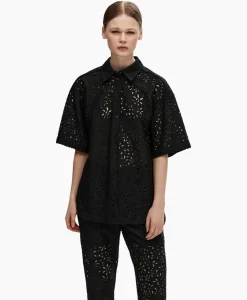 Selected Femme T-Shirt Karola 2/4 Oversize Lace Shirt B Zwart